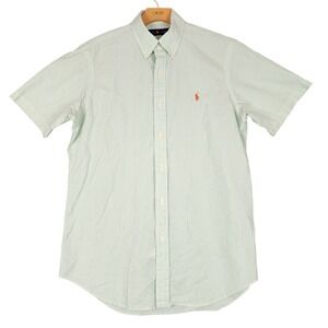 Ralph Lauren Mens Medium Green Striped Short Sleeve Button Down Shirt Cotton